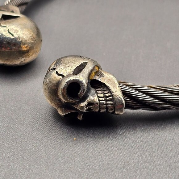 VTG Gaboratory Sterling Silver & Steel Gothic Skull Torque Cuff Bracelet 7.5" - Picture 4 of 11